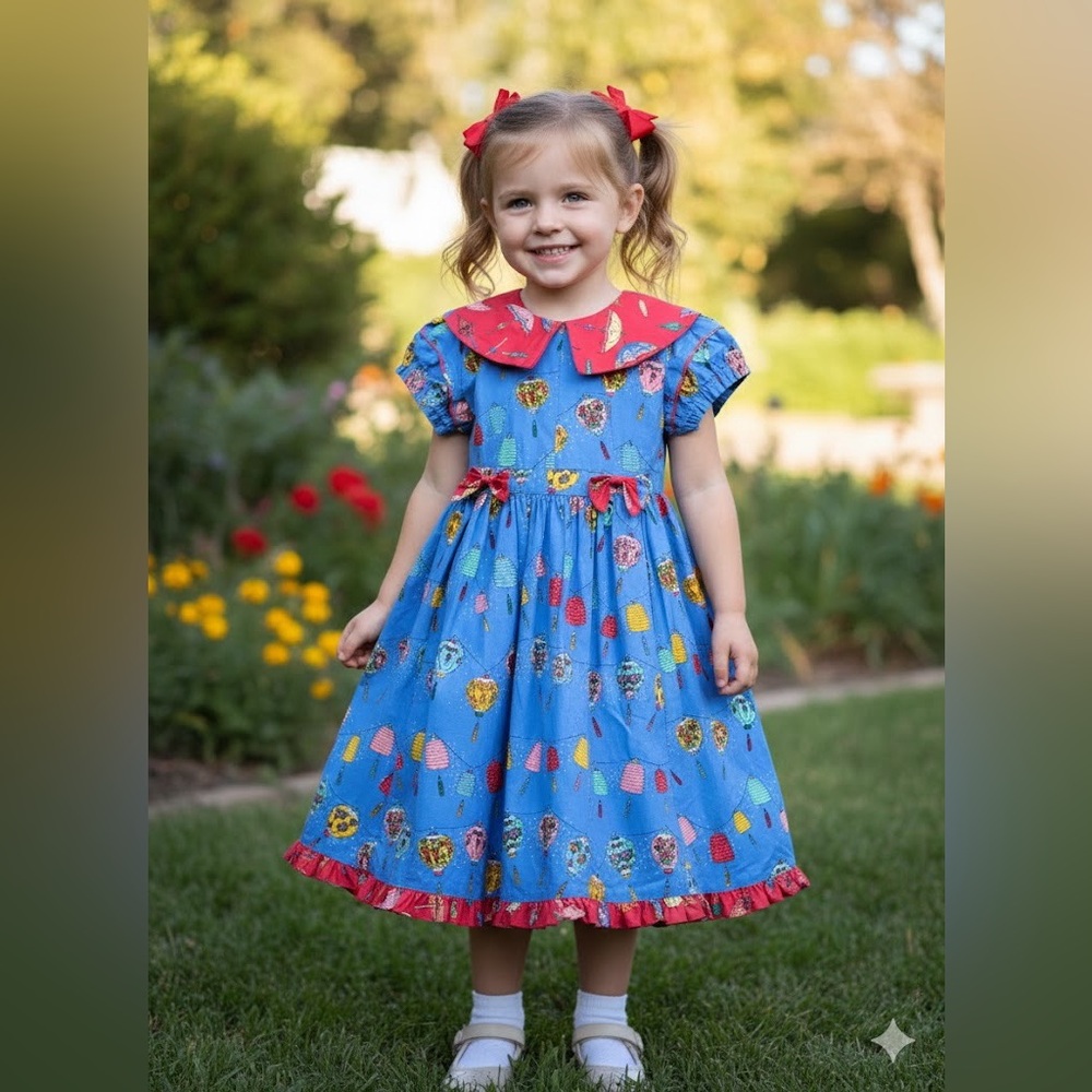 Mousefeathers Blue Vintage-Style Lantern Print Dress – Girls Size 6 - 100%cotton